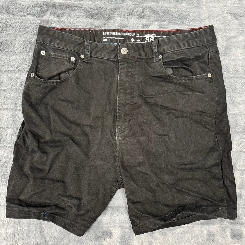 LRG Lifted Research Group Mens Black Baggy Taper Denim Shorts Size 36 Streetwear